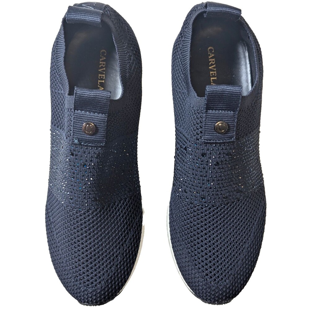 Carvela Janeiro Navy Blue Knit Wedge Sneakers Rhinestone Slip On EU 39 US 8.5